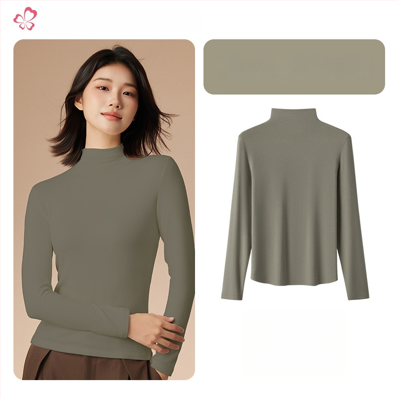 Moterų terminis pagrindinis viršus su vidutine/aukšta kakle, viskozės mišinio audinys, ilgos rankovės, vidutinis storis 181–200 g/m2