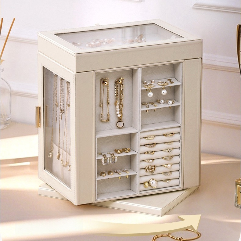 6-slāņaina ādas rotaslietu kaste uz galda ar griežamu logu, putekļu izturīga uzglabāšana kaklarāmām, gredieniem un auskarām