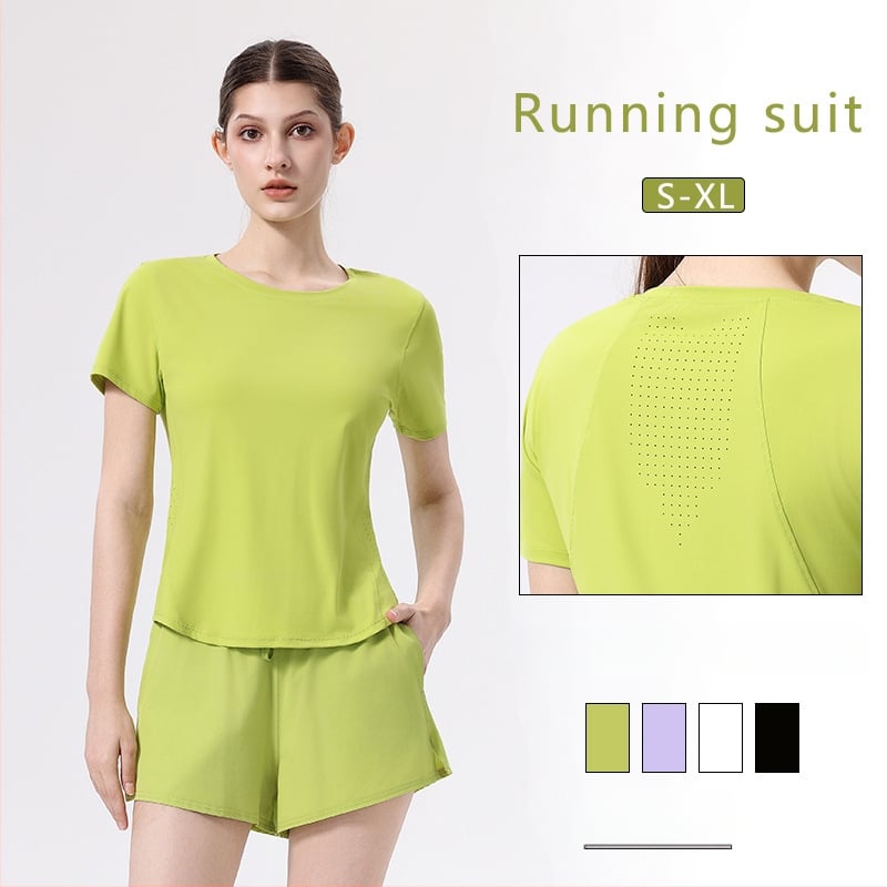 Naiste spordikomplekt: lühikeste käistega ülaosa ja ümmarguse kaelusega, lühikesed püksid; materjal 88% nailon, 12% spandex; suvine komplekt jooksmiseks, jõusaalile, badmintonile