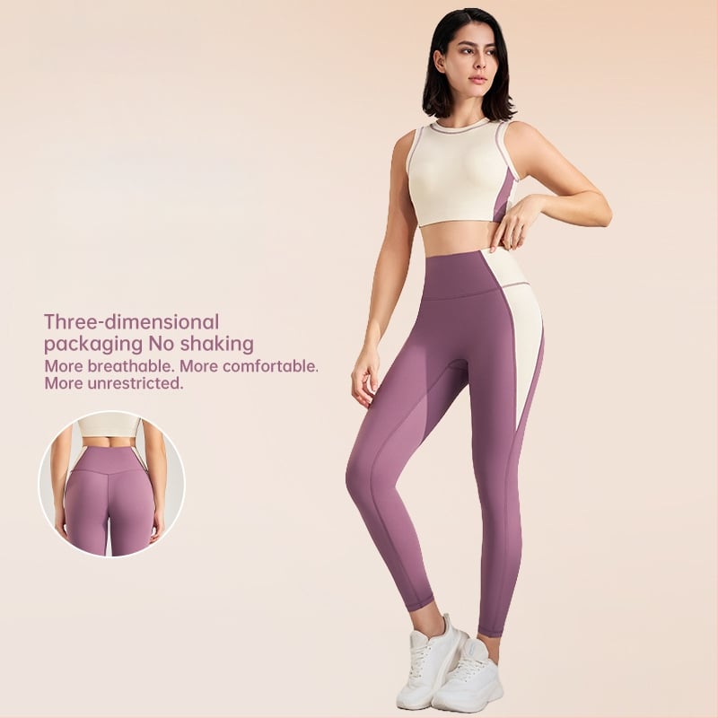 Välistingimustes spordikomplekt: kiiresti kuivatuv ülaosa ilma varrukateta ümmarguse kaelusega ja sisemine tank, devyni punkti pikkusega püksid, Lycra/Nailon kangas (75% Nylon), naistele