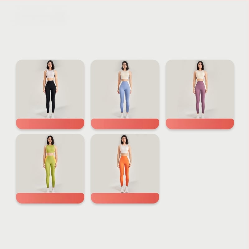 Välistingimustes spordikomplekt: kiiresti kuivatuv ülaosa ilma varrukateta ümmarguse kaelusega ja sisemine tank, devyni punkti pikkusega püksid, Lycra/Nailon kangas (75% Nylon), naistele