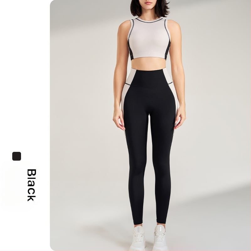 Välistingimustes spordikomplekt: kiiresti kuivatuv ülaosa ilma varrukateta ümmarguse kaelusega ja sisemine tank, devyni punkti pikkusega püksid, Lycra/Nailon kangas (75% Nylon), naistele