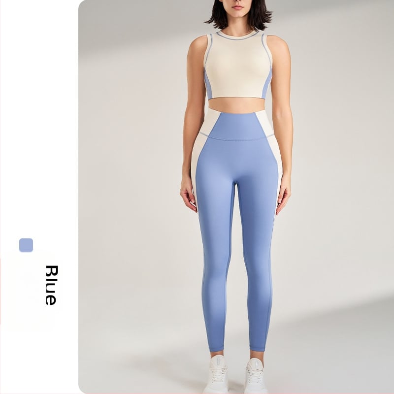 Välistingimustes spordikomplekt: kiiresti kuivatuv ülaosa ilma varrukateta ümmarguse kaelusega ja sisemine tank, devyni punkti pikkusega püksid, Lycra/Nailon kangas (75% Nylon), naistele