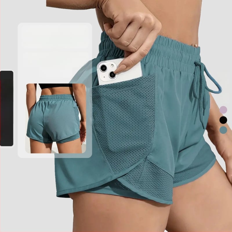 Női jóga-fitnessz rövidnadrág, 3 pontos hossz, hamis két részes alsó dizájn, 95% poliészter / 5% spandex, Sea Rhyme, nyár 2024