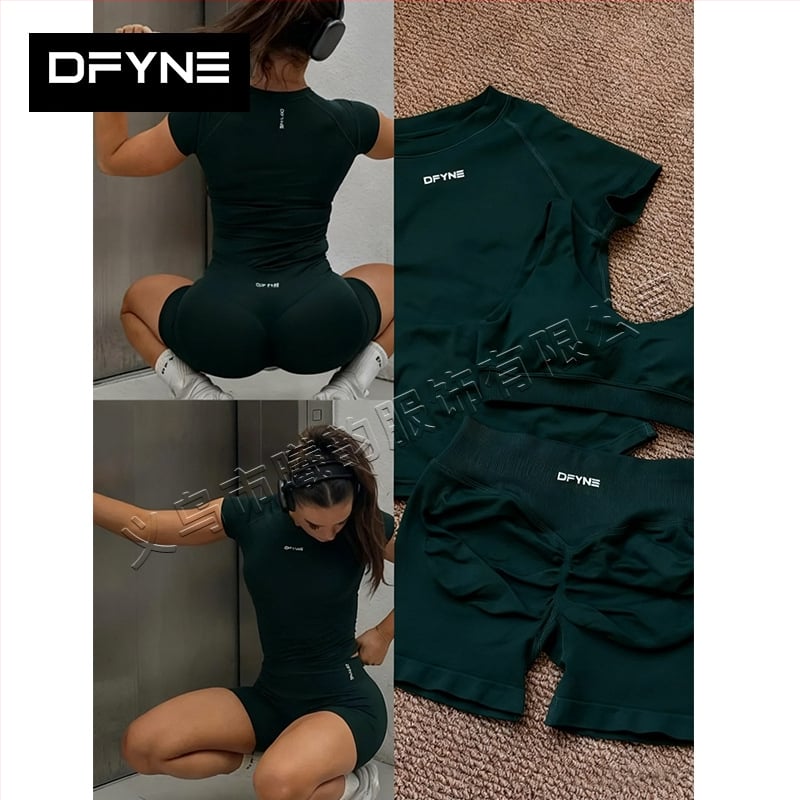 DFYNE kolmeosaline fitness komplekt: lühikeste varrukatega ülaosa ja lühikesed püksid, nailon-spandex kangas, kulumiskindel, kõhu pikkus, ümmargune kaelus