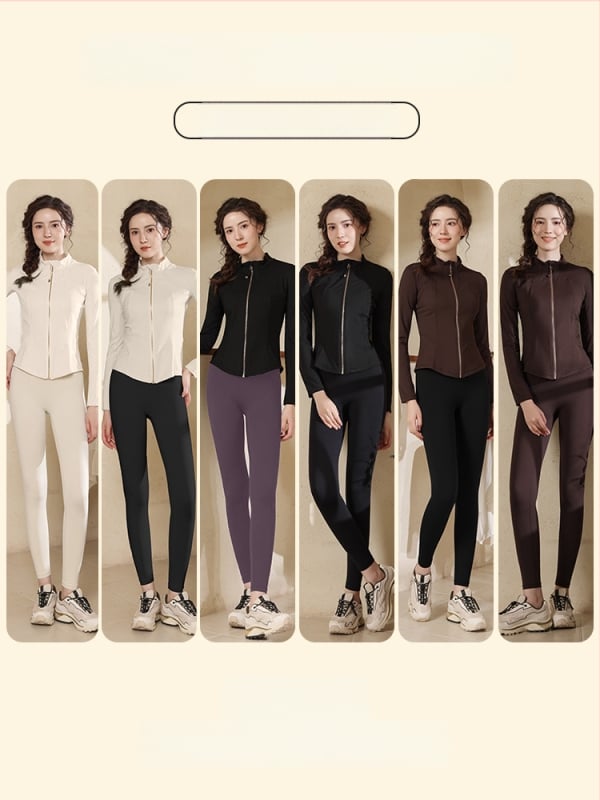 Женски спортен комплект за йога и колоездене със стойкова яка, тесен силует, бързосъхнеща материя, горнище с цип за колоездене