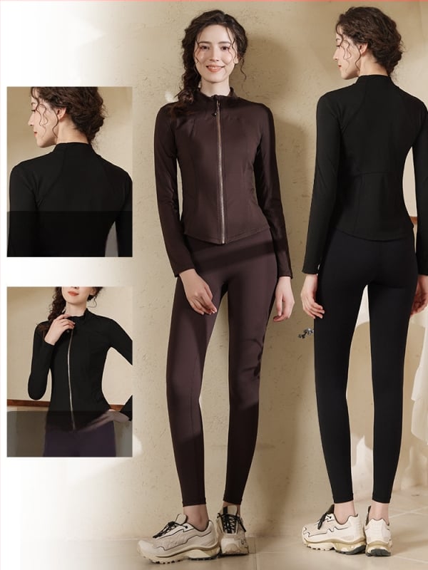Женски спортен комплект за йога и колоездене със стойкова яка, тесен силует, бързосъхнеща материя, горнище с цип за колоездене