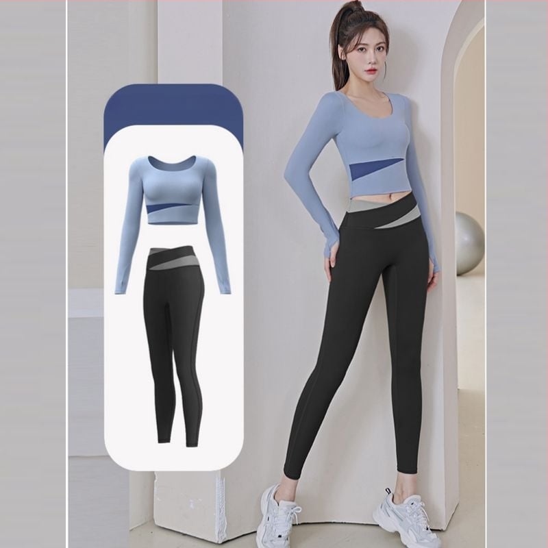 Női jóga készlet: hosszú ujjú felső és nadrág, gyorsan száradó, légáteresztő, Corduroy anyagú, len 71–80%