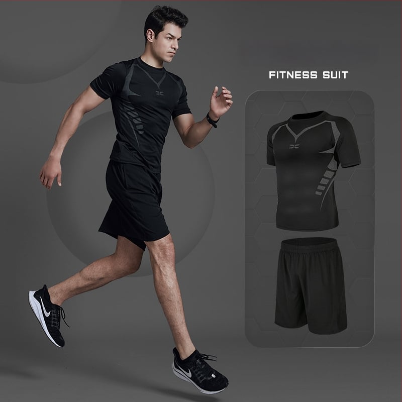 Meeste fitnessi- ja joogakomplekt — polüesterkangas Milk Silk voodriga; 94,5% polüester; sobib suveks, kevadeks ja sügises; sobib jooksu, jalgrattasõidu ja jõusaali treeninguteks.