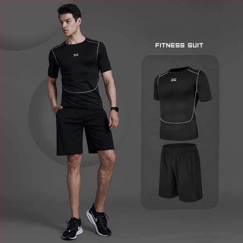 Meeste fitnessi- ja joogakomplekt — polüesterkangas Milk Silk voodriga; 94,5% polüester; sobib suveks, kevadeks ja sügises; sobib jooksu, jalgrattasõidu ja jõusaali treeninguteks.