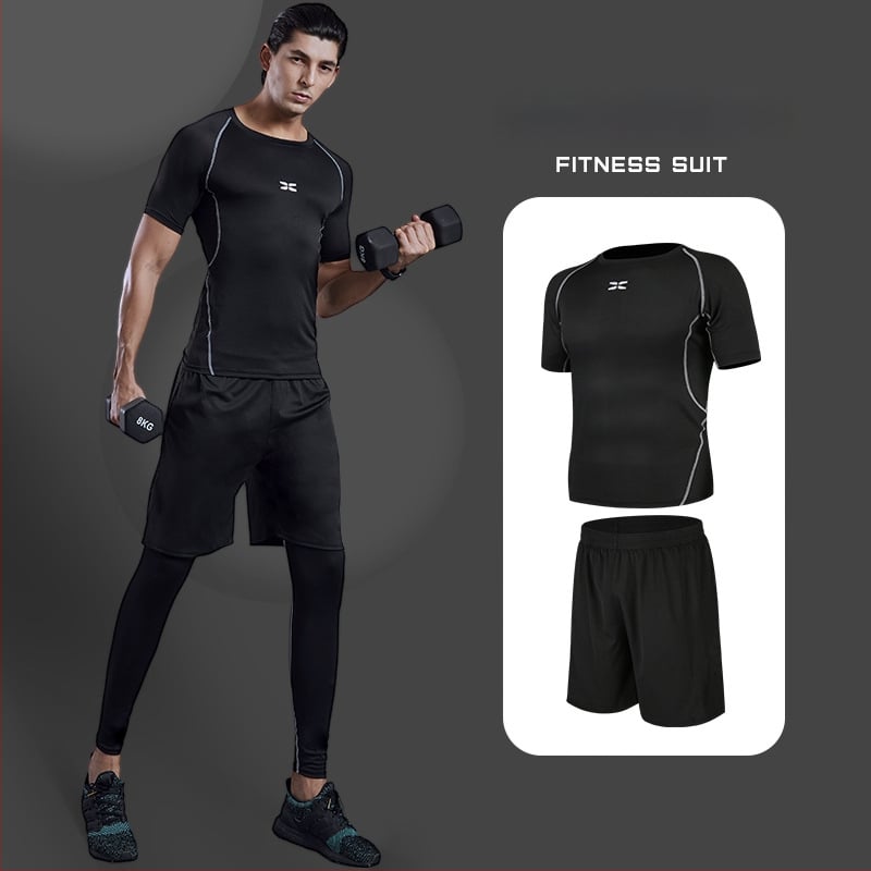 Meeste fitnessi- ja joogakomplekt — polüesterkangas Milk Silk voodriga; 94,5% polüester; sobib suveks, kevadeks ja sügises; sobib jooksu, jalgrattasõidu ja jõusaali treeninguteks.