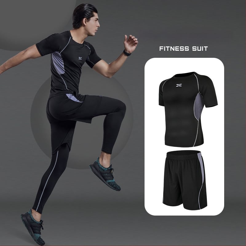 Meeste fitnessi- ja joogakomplekt — polüesterkangas Milk Silk voodriga; 94,5% polüester; sobib suveks, kevadeks ja sügises; sobib jooksu, jalgrattasõidu ja jõusaali treeninguteks.