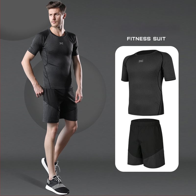 Meeste fitnessi- ja joogakomplekt — polüesterkangas Milk Silk voodriga; 94,5% polüester; sobib suveks, kevadeks ja sügises; sobib jooksu, jalgrattasõidu ja jõusaali treeninguteks.