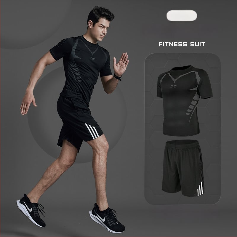 Meeste fitnessi- ja joogakomplekt — polüesterkangas Milk Silk voodriga; 94,5% polüester; sobib suveks, kevadeks ja sügises; sobib jooksu, jalgrattasõidu ja jõusaali treeninguteks.