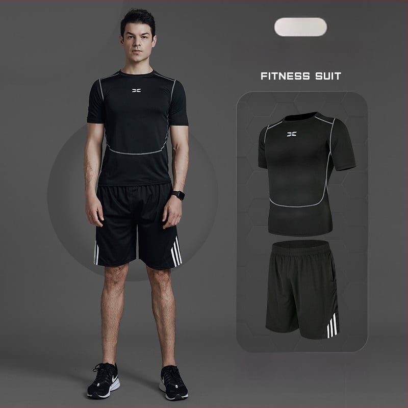 Meeste fitnessi- ja joogakomplekt — polüesterkangas Milk Silk voodriga; 94,5% polüester; sobib suveks, kevadeks ja sügises; sobib jooksu, jalgrattasõidu ja jõusaali treeninguteks.