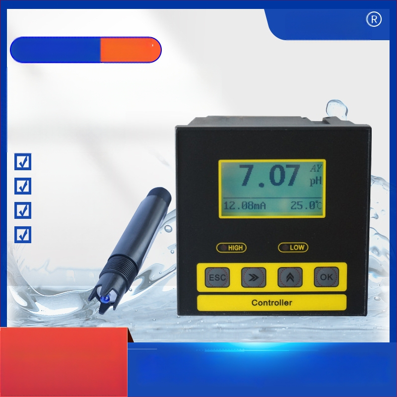 Индустриален pH измервател с LCD подсветка; диапазон 0–14 pH; точност 0.1 pH; температурна компенсация 0–100 °C; захранване 220 VAC или 24 VDC