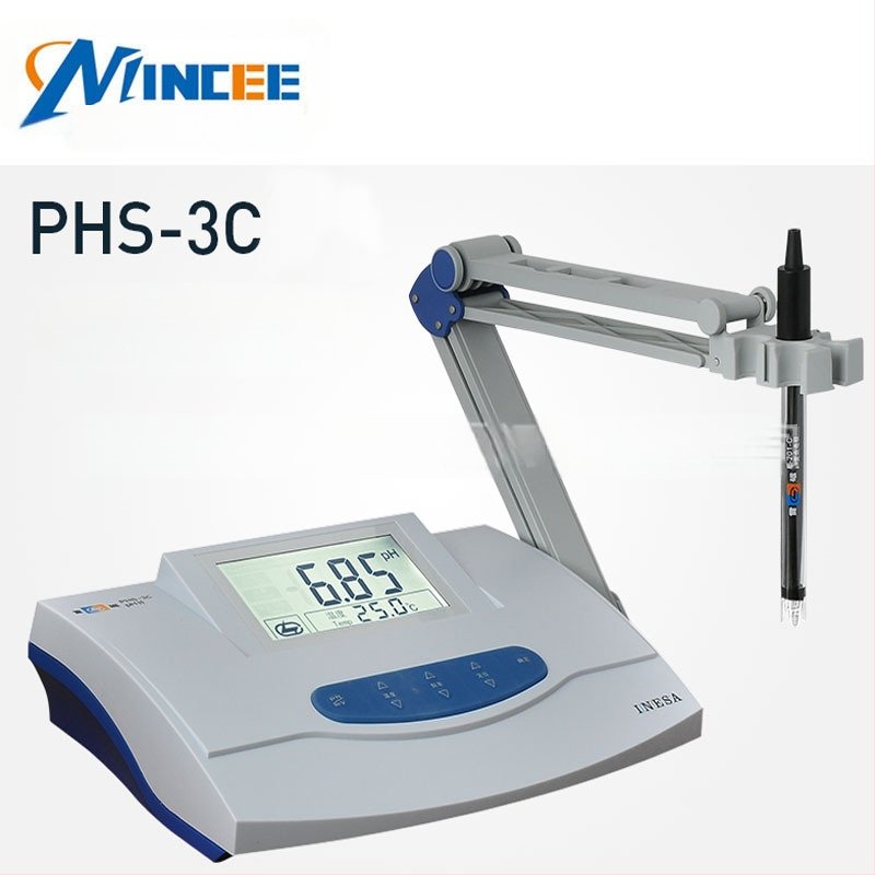 MINCEE PHS-3C портативен pH метр с голям LCD дисплей, диапазон 0.00–14.00 pH, точност ±0.01 pH, температурна компенсация 0–60 °C