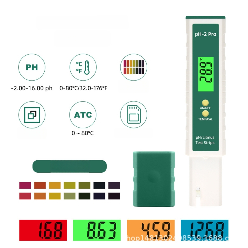 PH-2Pro портативен pH метър със стъклен зонд, диапазон -2 до 16.00 pH, точност 0.01, температурна компенсация 0–60 °C