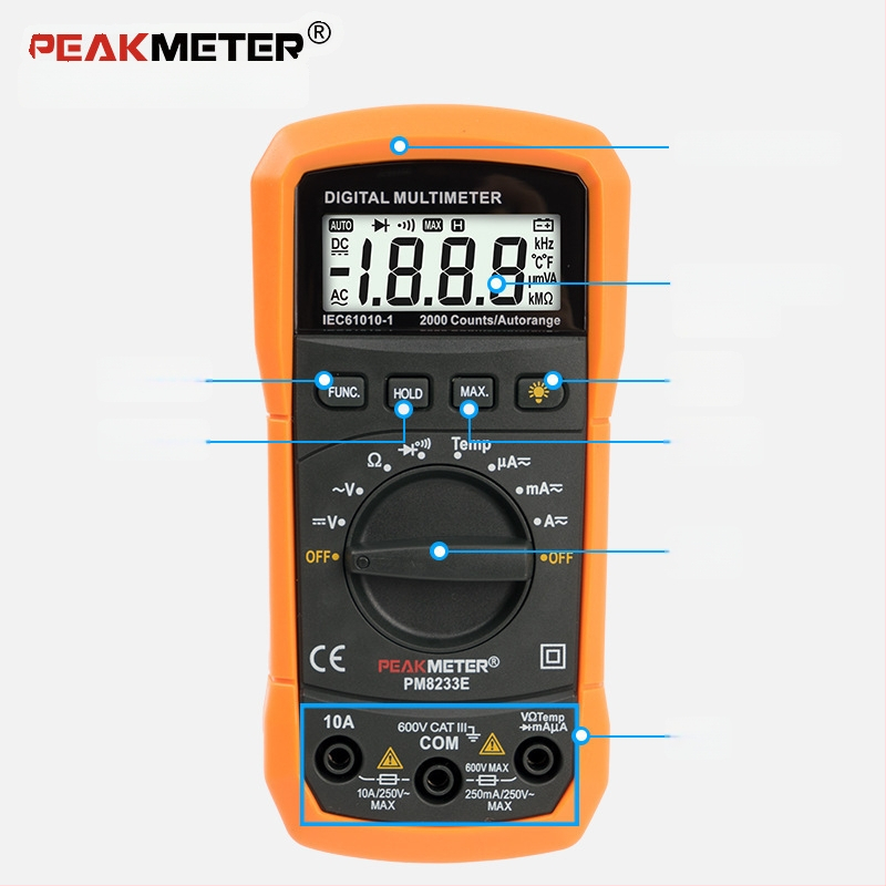 PEAKMETER PM8233E Digitalni multimetar, ručni termometar, automatski raspon