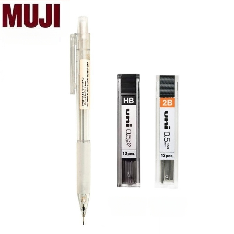 Muji механичен молив, 0,5 мм графитова сърцевина, 2B/HB, прозрачно тяло, пластмасов корпус, ергономичен дизайн за намаляване на умората