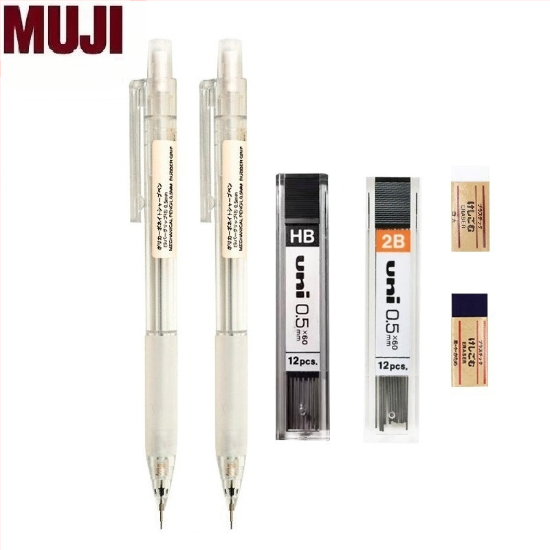 Muji механичен молив, 0,5 мм графитова сърцевина, 2B/HB, прозрачно тяло, пластмасов корпус, ергономичен дизайн за намаляване на умората