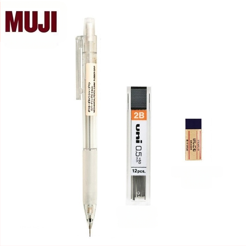 Muji механичен молив, 0,5 мм графитова сърцевина, 2B/HB, прозрачно тяло, пластмасов корпус, ергономичен дизайн за намаляване на умората