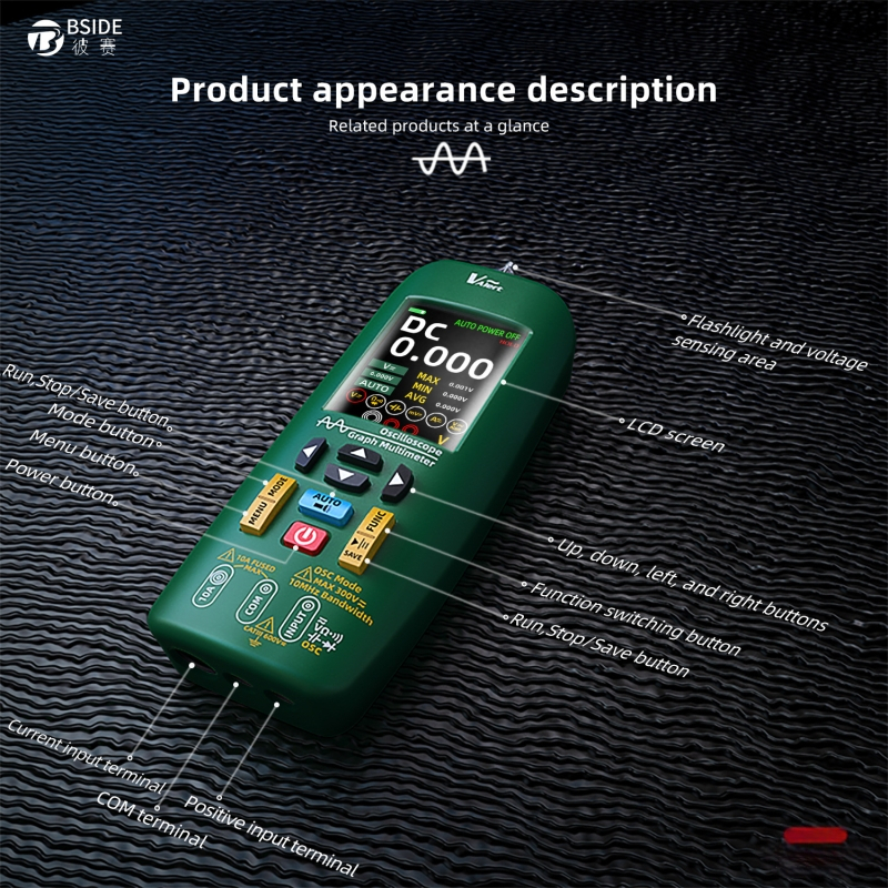 BSIDE O1 Цифров ръчен осцилоскоп, мултиметър и електрическа писалка — 1-канален, обхват 10, скорост на проби 48 MSa/s, запис до 64 KB