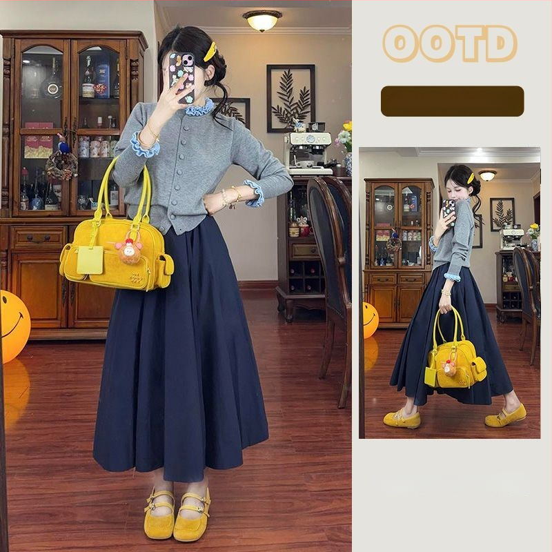 Set u korejskom sladkom stilu: ženski kardigan s čipkastim stojećim ovratnikom i uska mini suknja visokog struka