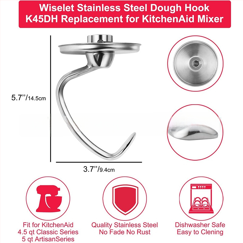 Nerđajući čelični kuka za tijesto za KitchenAid 4,5–5 Qt vertikalni mikser K45DH