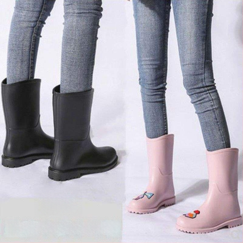 Дамски ботуши за дъжд - средна височина на тръбата, PVC горна част, несклъзващи се водоустойчиви гумени ботуши, есенно-зимни