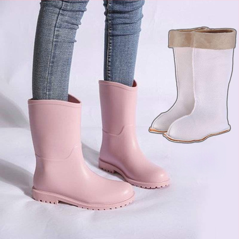 Дамски ботуши за дъжд - средна височина на тръбата, PVC горна част, несклъзващи се водоустойчиви гумени ботуши, есенно-зимни
