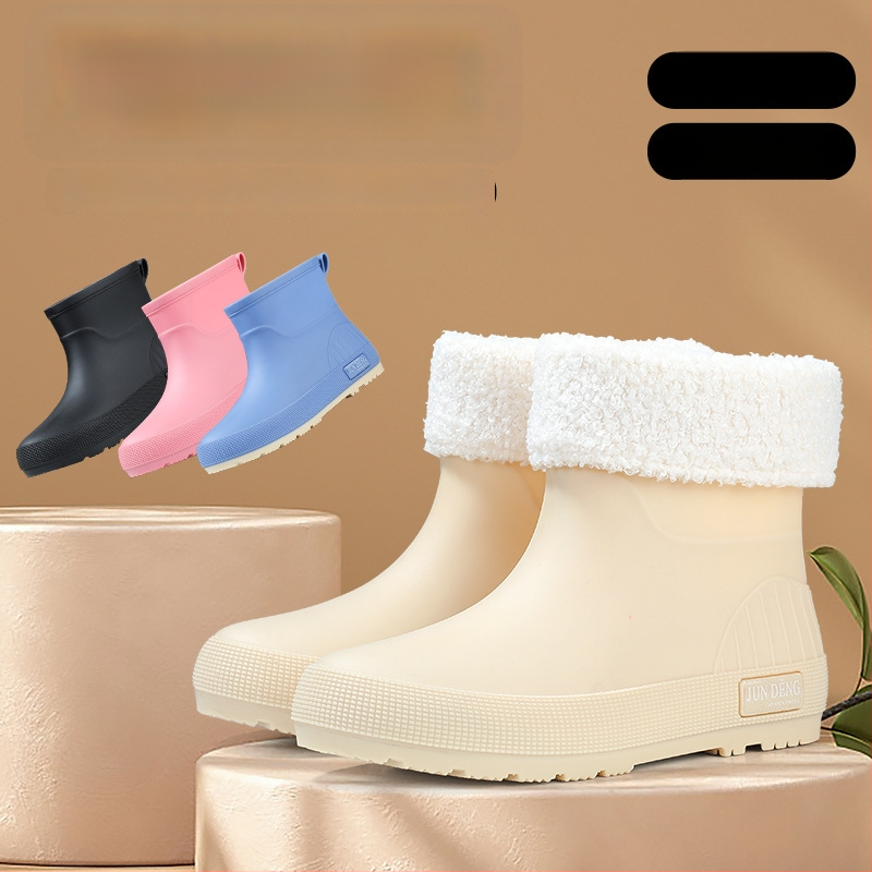 Дамски дъждовни ботуши PVC горна част, нисък маншет, удебелени, плосък ток, четири сезона