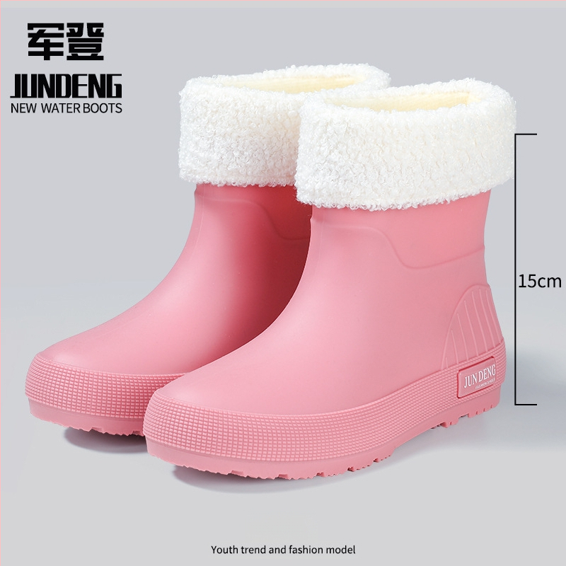 Дамски дъждовни ботуши PVC горна част, нисък маншет, удебелени, плосък ток, четири сезона