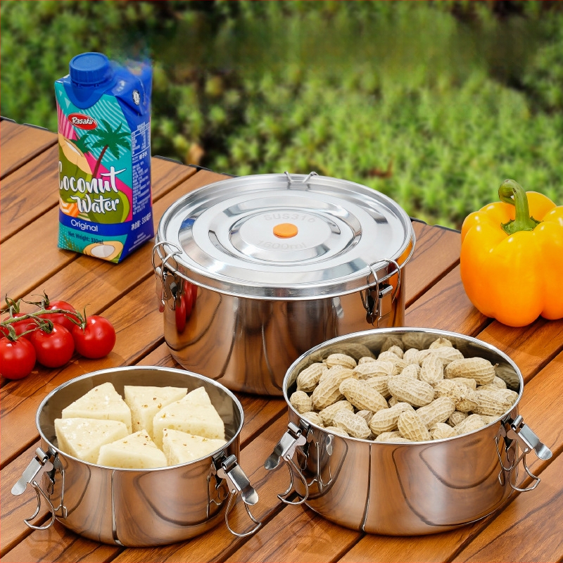 Кръгла кутия за обяд от 304 неръждаема стомана с уплътнение срещу протичане, микровълнова безопасна, капацитет 1–2 л; подходяща за столова и пикник на открито.