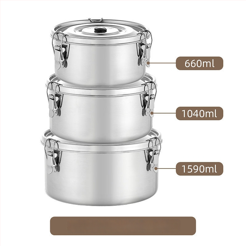 Кръгла кутия за обяд от 304 неръждаема стомана с уплътнение срещу протичане, микровълнова безопасна, капацитет 1–2 л; подходяща за столова и пикник на открито.