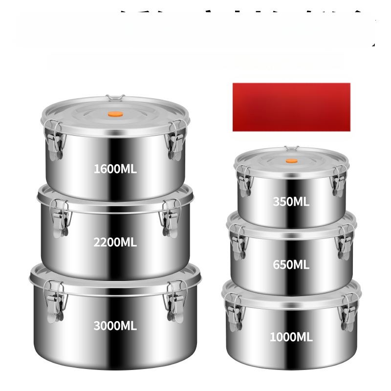 Кръгла кутия за обяд от 304 неръждаема стомана с уплътнение срещу протичане, микровълнова безопасна, капацитет 1–2 л; подходяща за столова и пикник на открито.