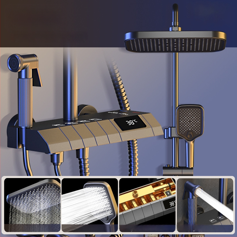 Σετ ντους μπάνιου από χαλκό, εντοιχισμένος στον τοίχο, ψηφιακή οθόνη, σταθερή θερμοκρασία, ντους βροχής