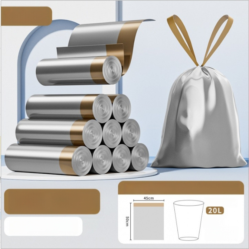 Húzózsinóros szemeteszsák, PE anyag, vastagított, újrahasználható, háztartási használatra