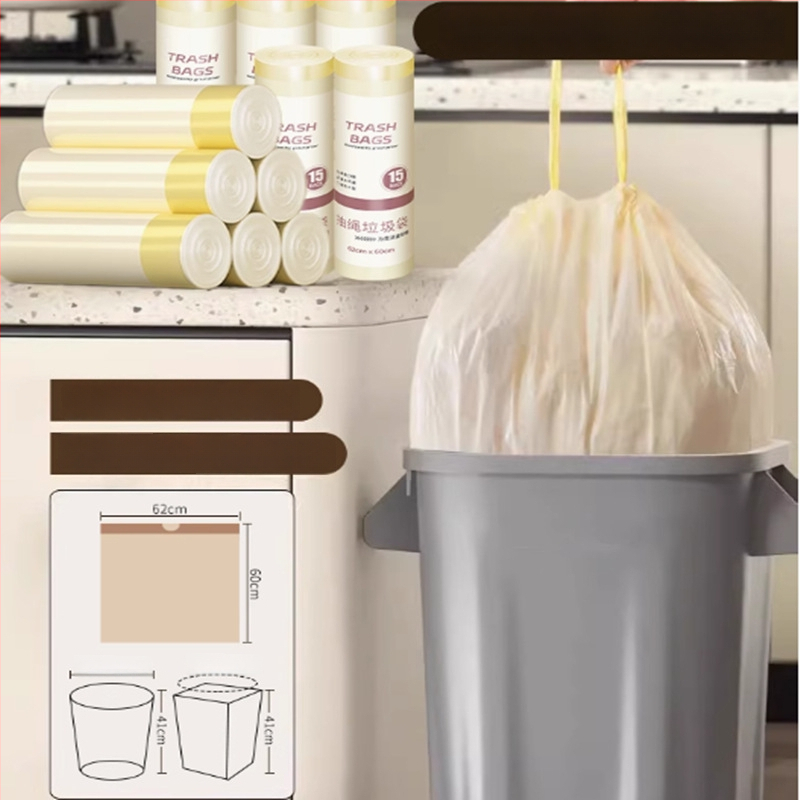 Húzózsinóros szemeteszsák, PE anyag, vastagított, újrahasználható, háztartási használatra