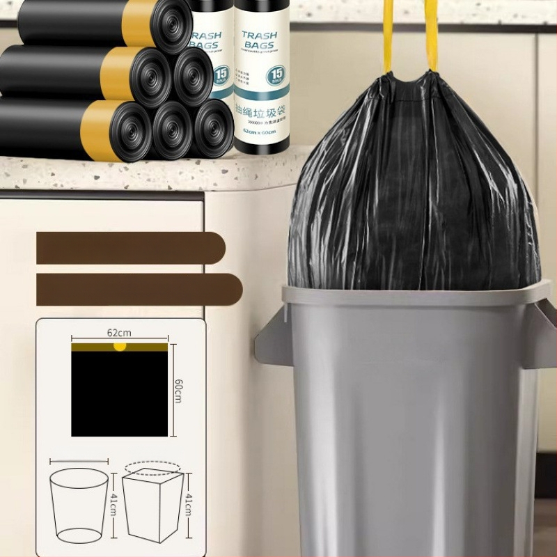 Húzózsinóros szemeteszsák, PE anyag, vastagított, újrahasználható, háztartási használatra