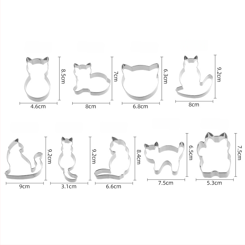 Сет от 9 форми за бисквити от неръждаема стомана с неравни фигури котенца за печене, десерти и рязане на плодове