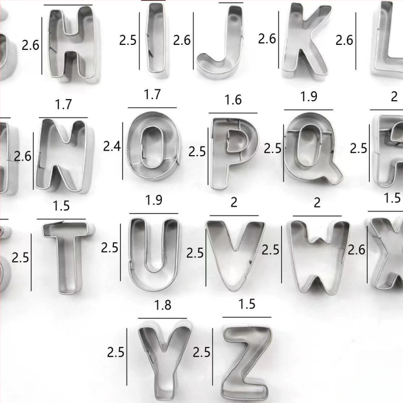 36-частен комплект форми за сладки с букви и цифри, от неръждаема стомана, блистер опаковка, за печене