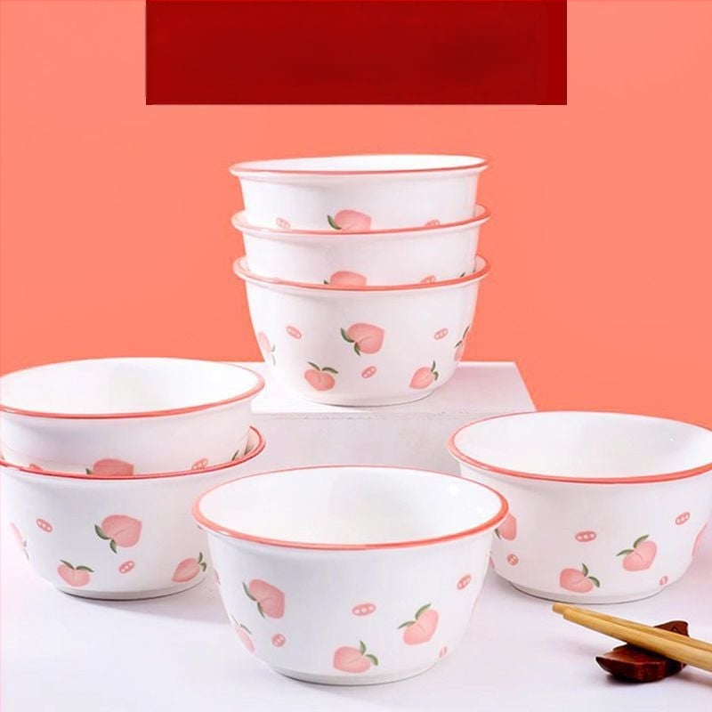Porcelanski set zdjela za rižu i kašu s motivom breskve i jagode, set s žličicama, kućna upotreba, sladak Ins stil, za pare i djecu