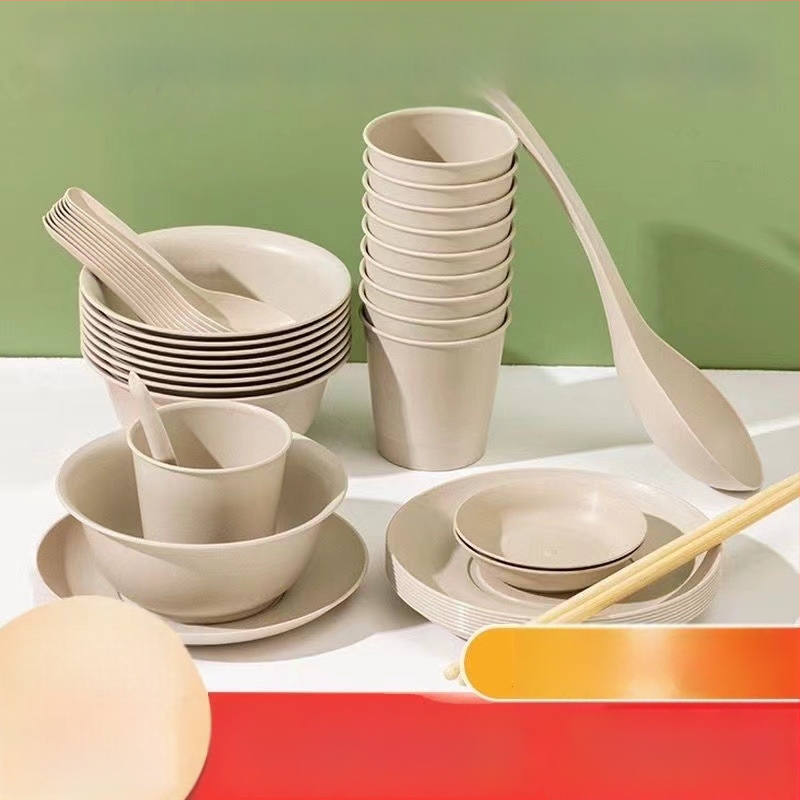 Комплект еднократни съдове за хранене от оризова люспа — биоразградими чинии, клечки за хранене и лъжичка, за 10 порции, 20 опаковки, срок на годност 2 години