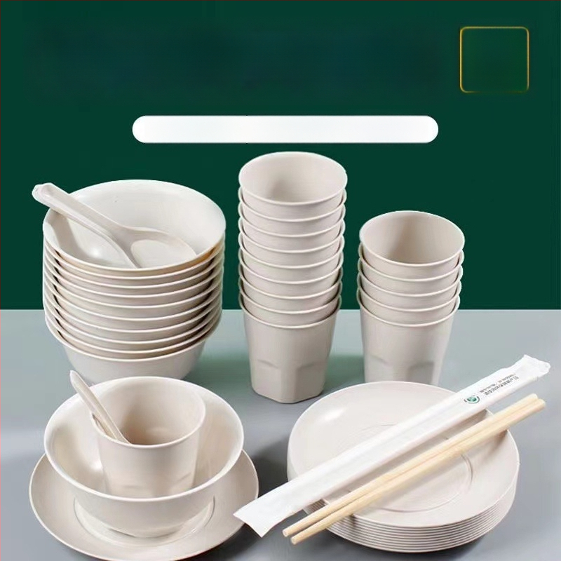 Комплект еднократни съдове за хранене от оризова люспа — биоразградими чинии, клечки за хранене и лъжичка, за 10 порции, 20 опаковки, срок на годност 2 години