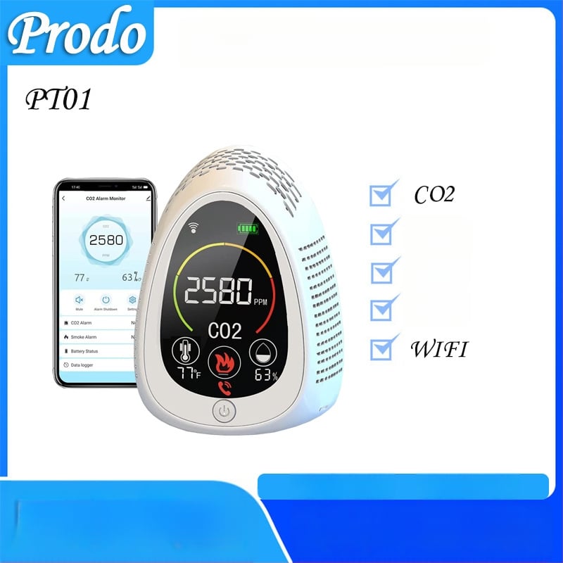 Detector CO2 5 în 1, detector de fum și alarmă, monitor de temperatură și umiditate, detector de gaze portabil