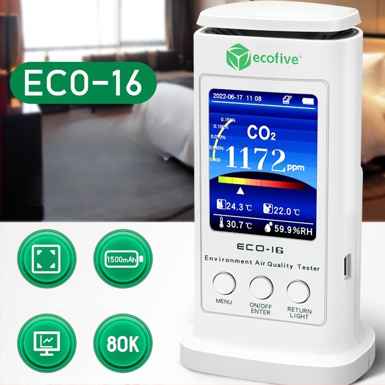 CO2 detektor ECO-16 s registrom temperature i vlage za unutarnju kvalitetu zraka i upozorenje koncentracije CO2