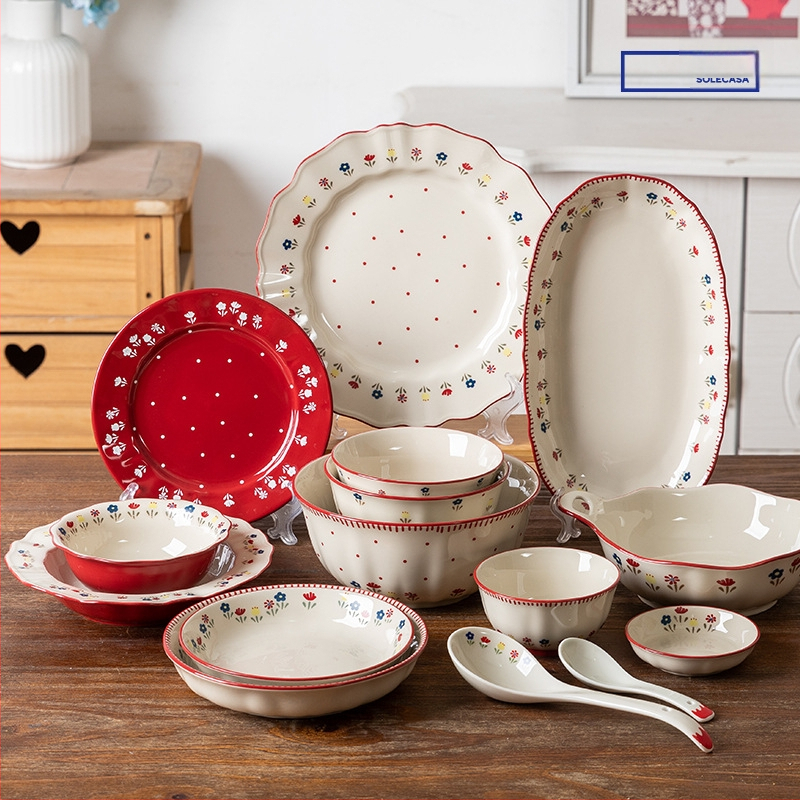 Porcelanski set za stolovanje – ojačani porcelan, pogodan za mikrovalnu pećnicu, lagani luksuzni retro stil, cvjetni uzorak, površina s glazurom u boji