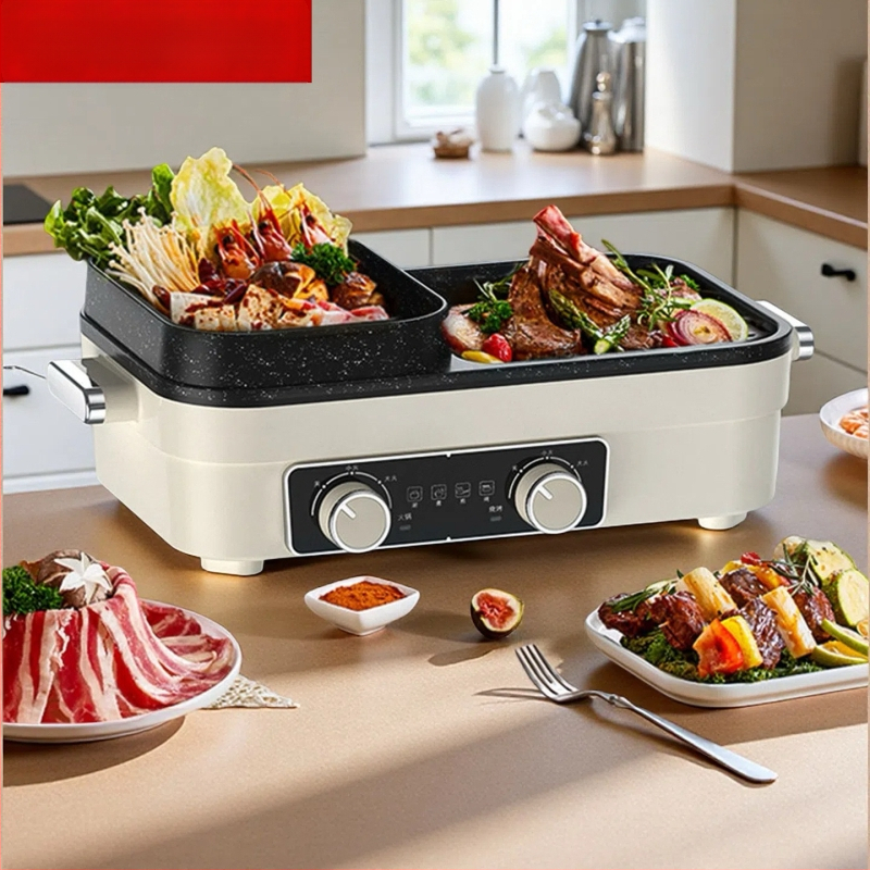 Ηλεκτρικό τηγάνι-γκριλ All-in-One, 1200–1500W, αλουμινίου σώμα, 3–4 μερίδες, τετράγωνος σχεδιασμός, 50 × 30,5 × 19 cm, ρύθμιση θερμοκρασίας
