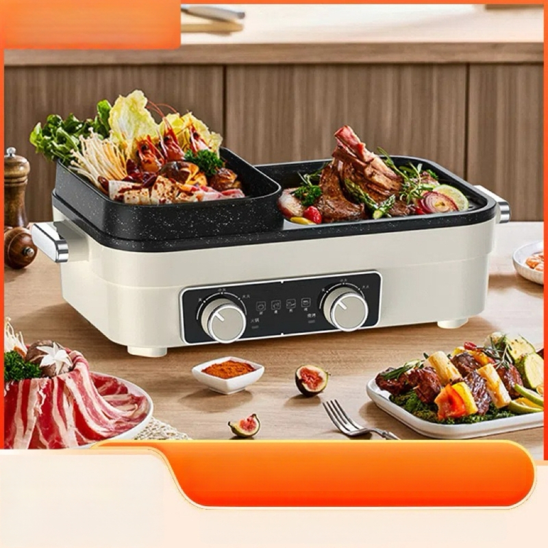 Ηλεκτρικό τηγάνι-γκριλ All-in-One, 1200–1500W, αλουμινίου σώμα, 3–4 μερίδες, τετράγωνος σχεδιασμός, 50 × 30,5 × 19 cm, ρύθμιση θερμοκρασίας